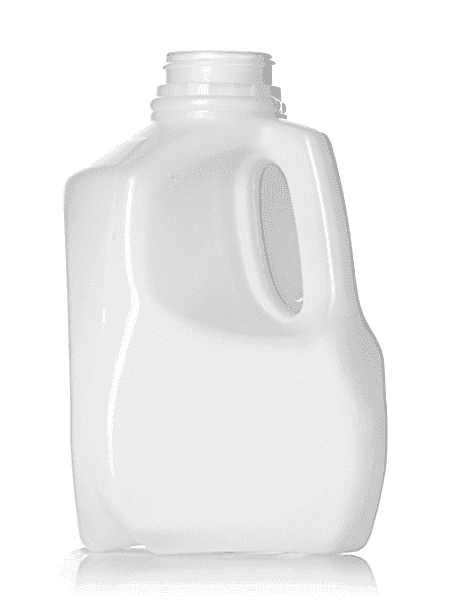 White plastic dairy jug with built-in handle and wide-mouth opening