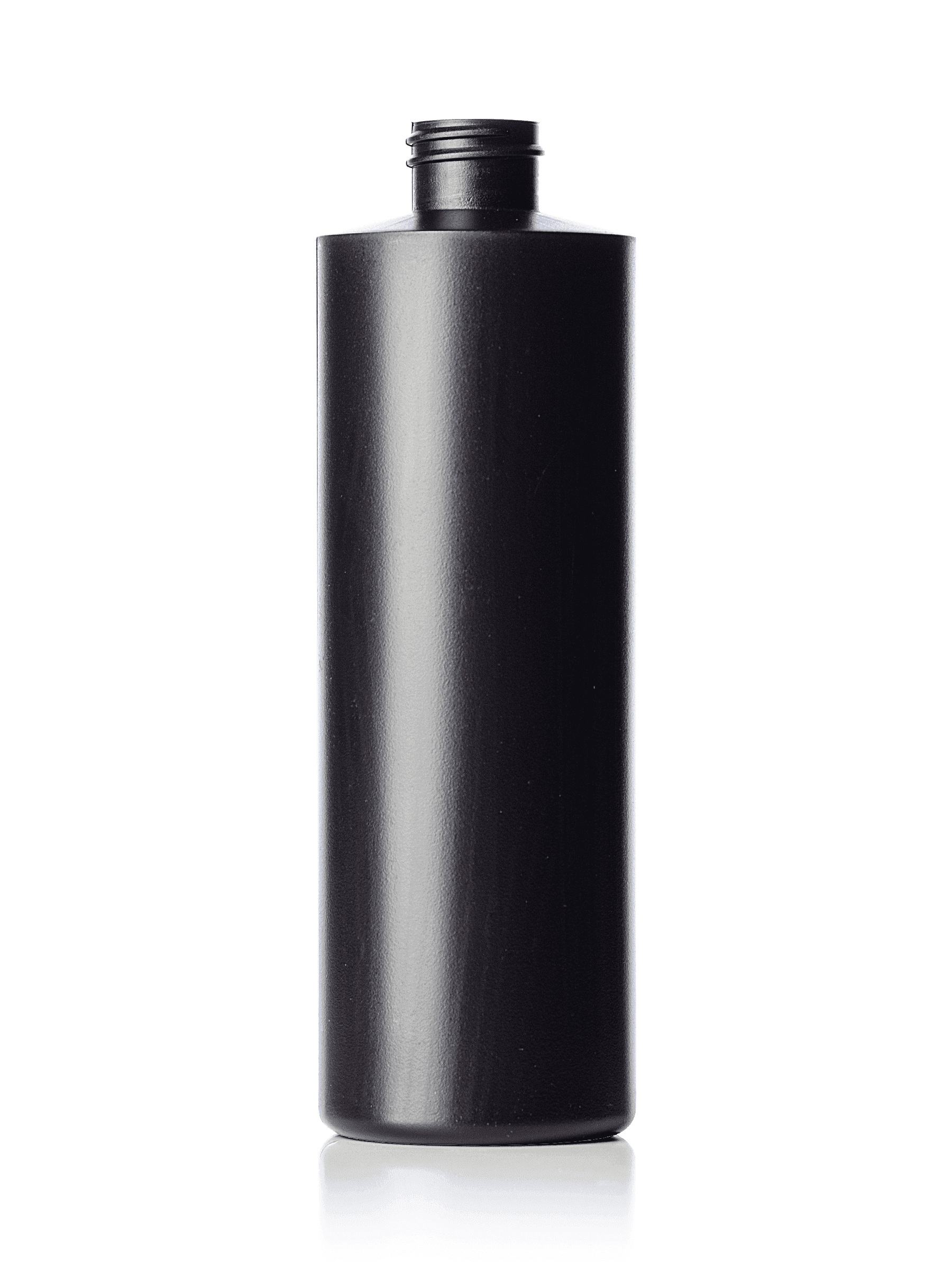 Tall black plastic bottle with threaded neck for hair care products