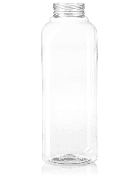 Clear square plastic juice bottle with wide-mouth threaded neck