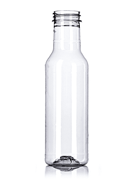 Clear glass bottle with narrow neck for sauces, syrups, or condiments