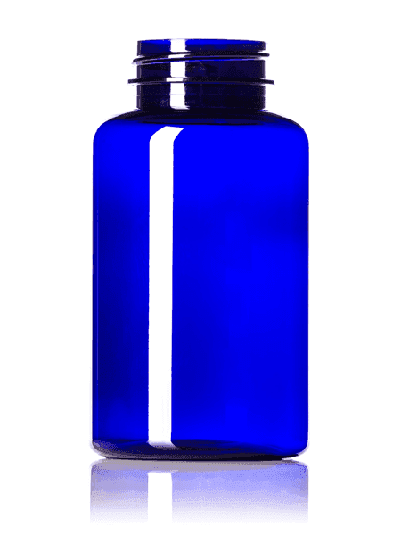 Cobalt blue plastic supplement bottle with threaded neck for dietary capsules or softgels