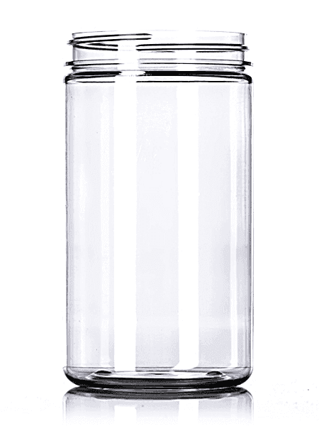 Clear straight-sided jar with threaded neck for pet treats or food packaging