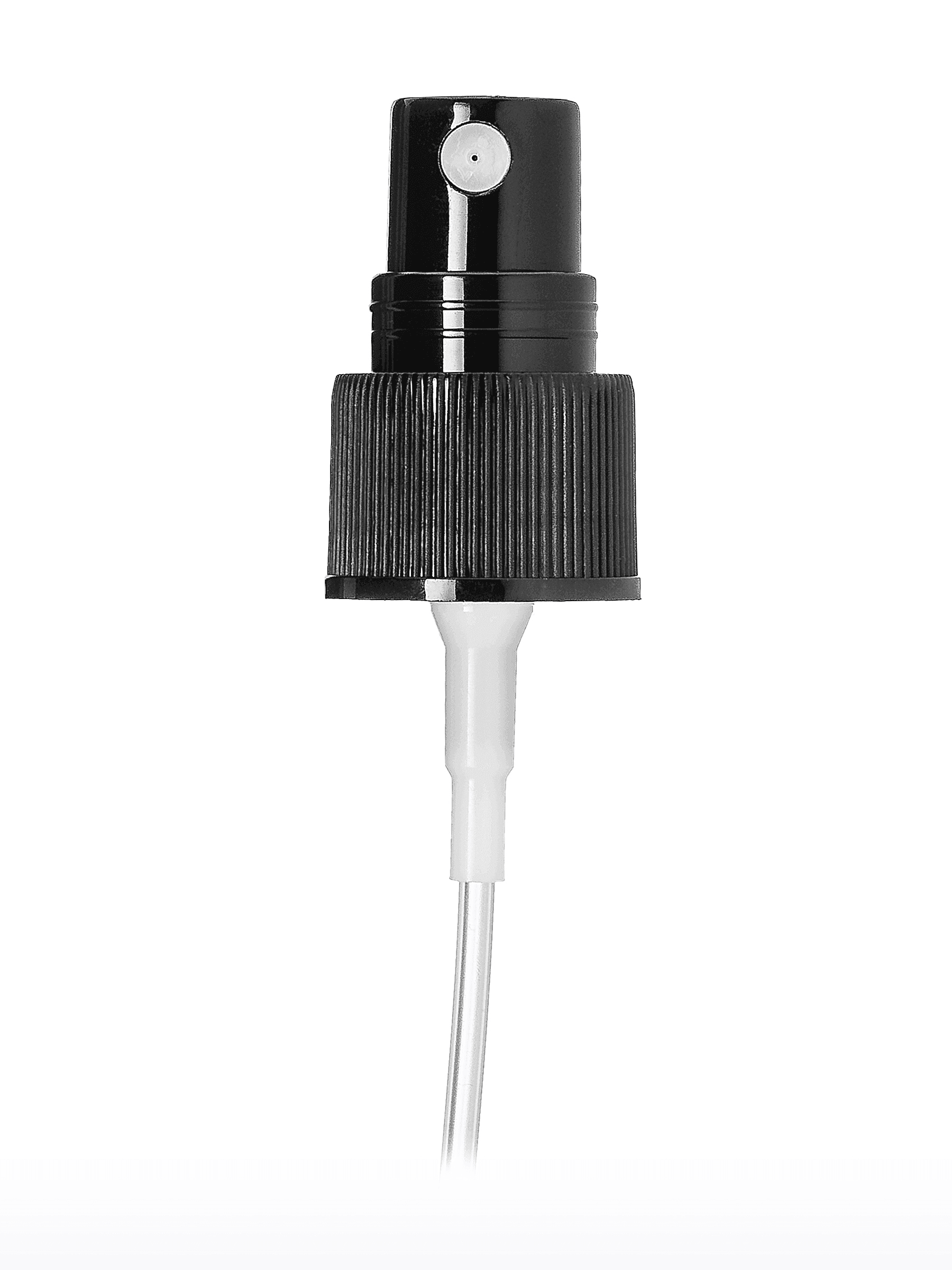 Black fine mist sprayer with ribbed collar and dip tube for fragrance bottles