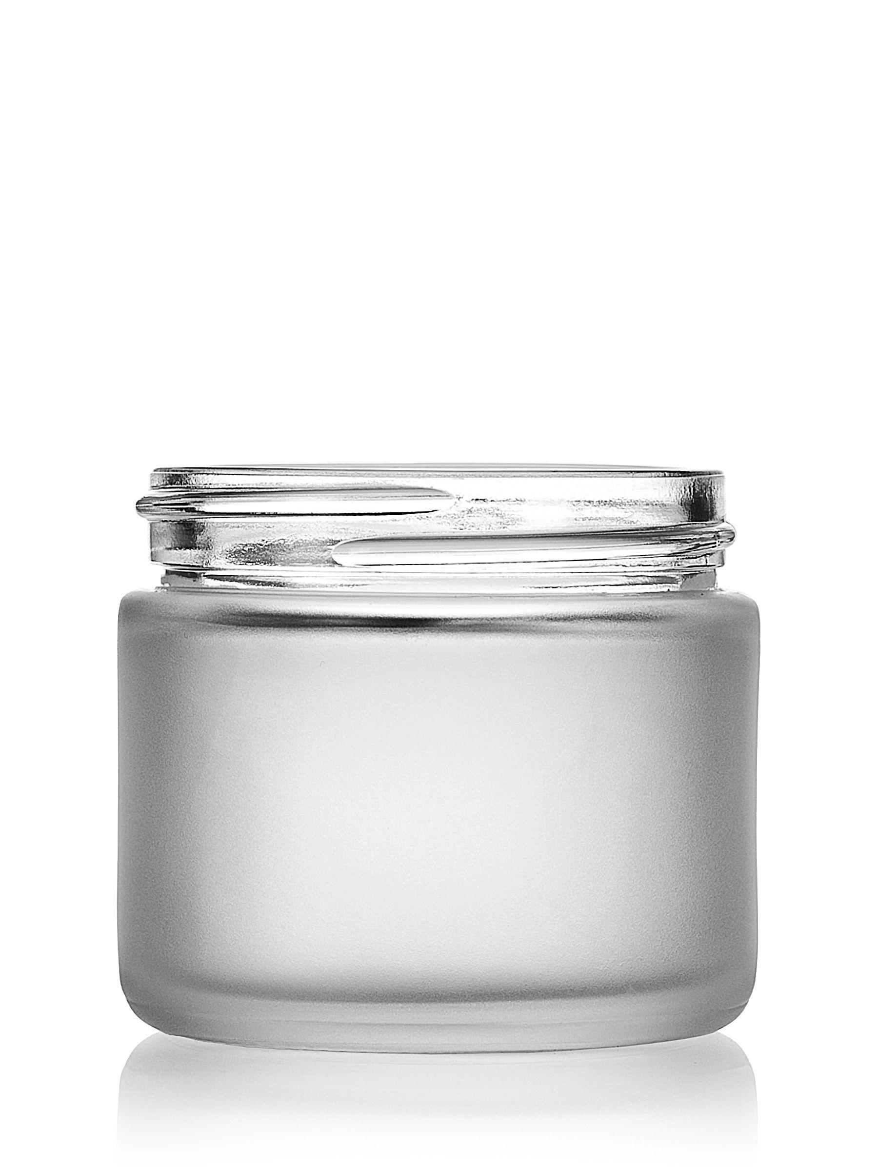 Frosted glass jar with straight sides and wide-mouth opening