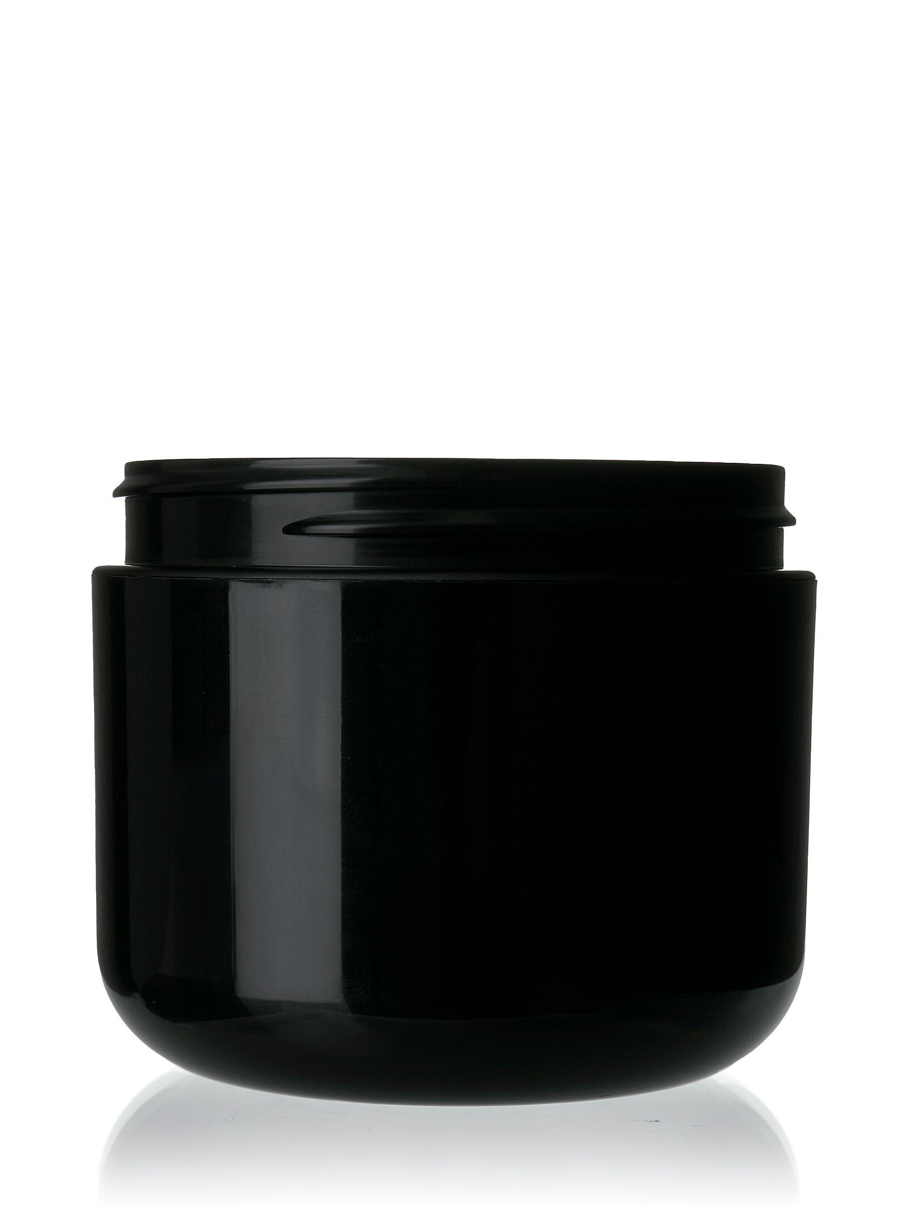 Black plastic jar with straight sides and wide-mouth opening
