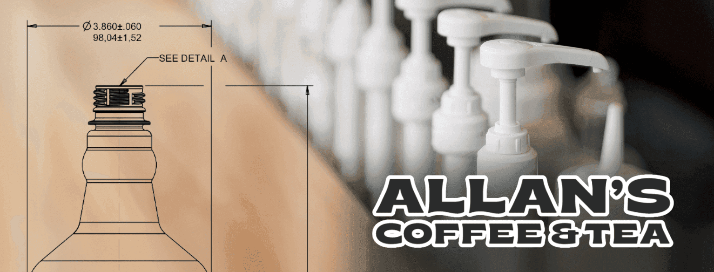 Allan’s Coffee & Tea logo with PET bottle engineering diagram in background